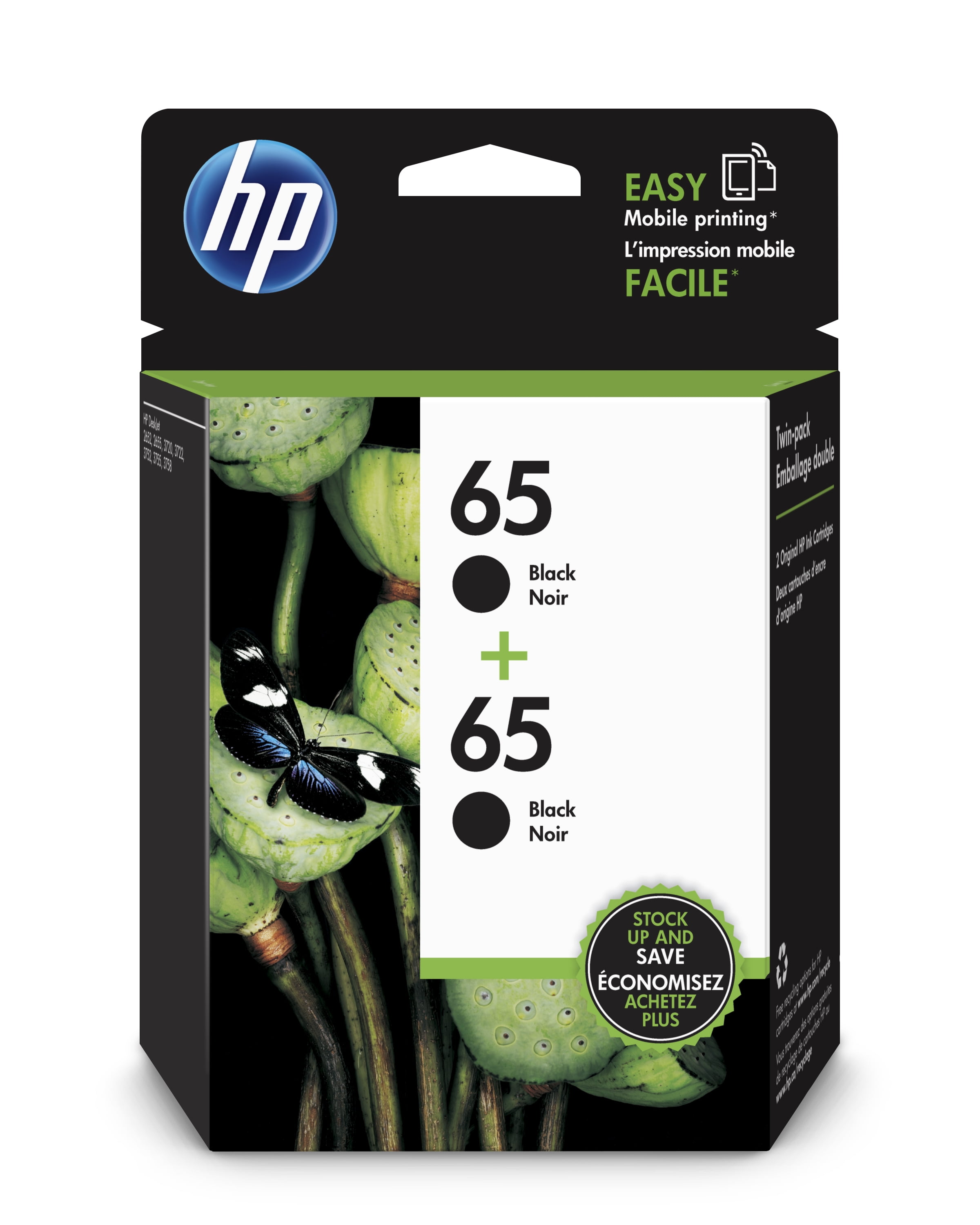 HP 65 Ink Cartridges - Black, Tri-color, 2 Cartridges (T0A36AN) -  
