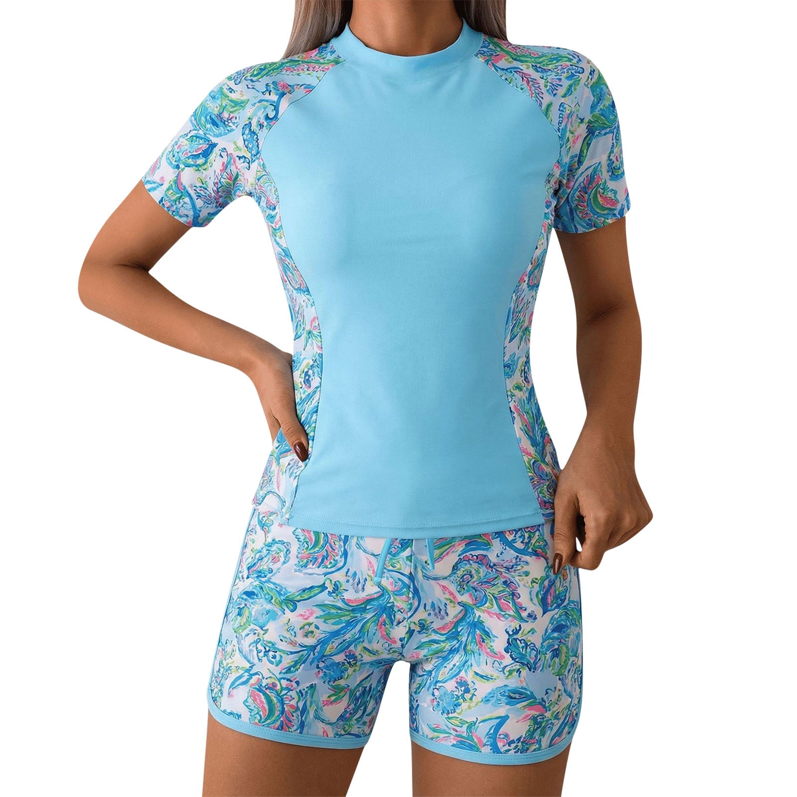 Oplxuo Women's Two Piece Rash Guard Short Sleeve Swim Shirts UPF 50+ Swimsuit with Boyshorts