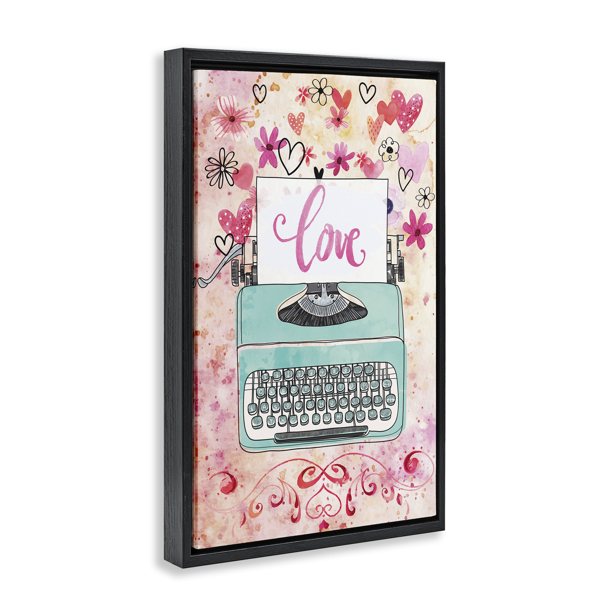 Stupell Industries Romantic Love Typewriter Typography Painting Black Floater Framed Art Print Wall Art, 21 x 31