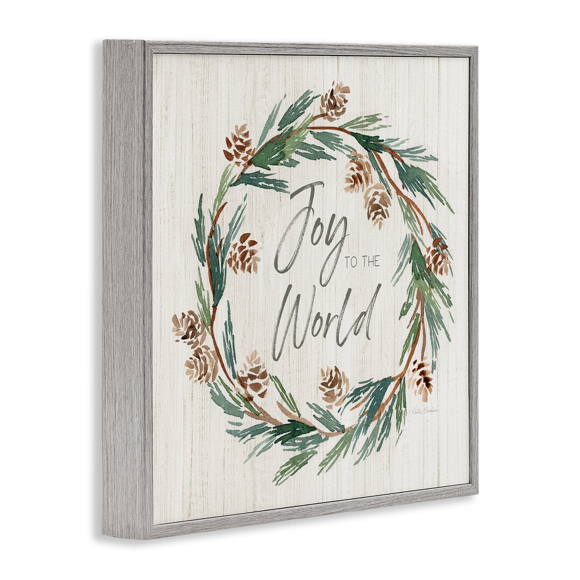 Stupell Industries Joy Pinecone Wreath Holiday Painting Gray Framed Art Prints Wall Art, 24 x 24