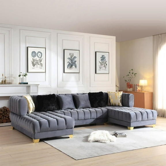 Better Home Products Marigold U-Shaped Velvet Sectional Sofa in Gray