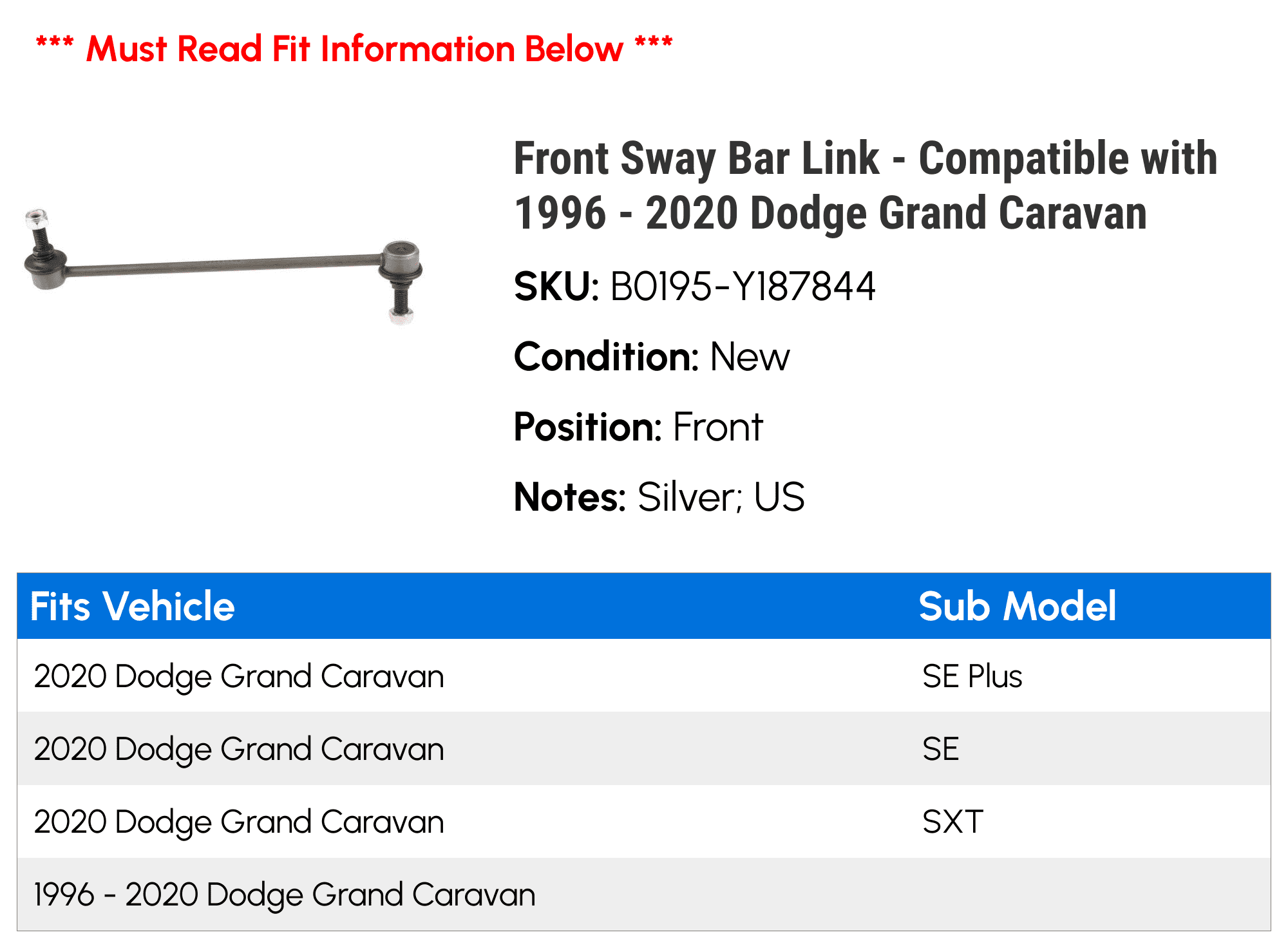 Front Sway Bar Link - Compatible with 1996 - 2020 Dodge Grand Caravan 1997 1998 1999 2000 2001 2002 2003 2004 2005 2006 2007 2008 2009 2010 2011 2012 2013 2014 2015 2016 2017 2018 2019
