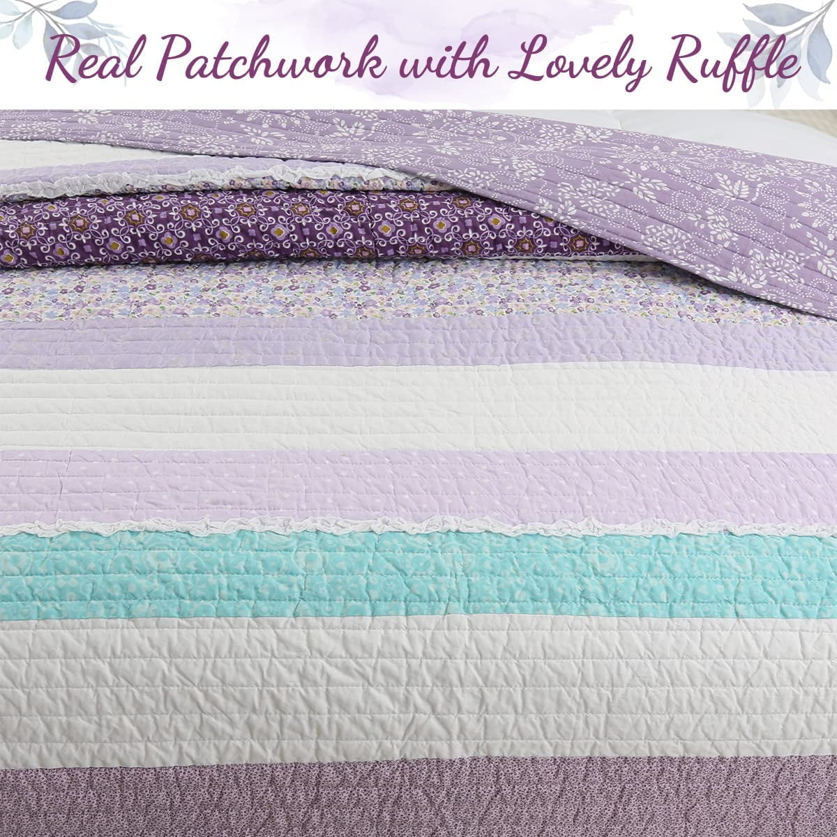 Purple Cosmos Spring Floral Stripe Garden Lavender Teal & White Ruffle Cotton Queen Reversible Quilt Bedding Set