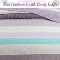 thumbnail image 5 of Purple Cosmos Spring Floral Stripe Garden Lavender Teal & White Ruffle Cotton Queen Reversible Quilt Bedding Set, 5 of 6
