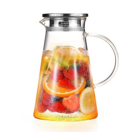

Glass Pitcher with Stainless Steel Lid and Handle 2L Transparent Beverage Jug for Homemade Juice Iced Tea and Cold Drinks Leak-Proof and Dishwasher Safe
