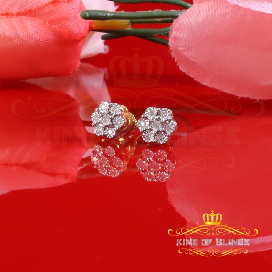 King of Bling's 10K Real Yellow Gold with Real 0.10CT Diamond Floral Men's/Women's Stud Earrings