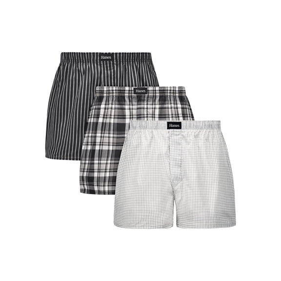Hanes Originals Ultimate Men's Cotton Stretch Woven Boxer Underwear, Plaids/Prints, 3-Pack Small Grey White Checkers XL