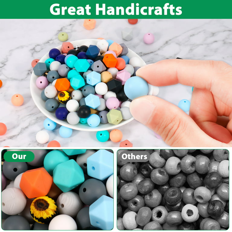 Urvrriu 235pcs Silicone Beads Bulk Kit Multiple Styles and Shapes 14mm Flat Beads Fashion 15mm Round Beads Colorful 14mm Octagonal Beads 2.5cm Key