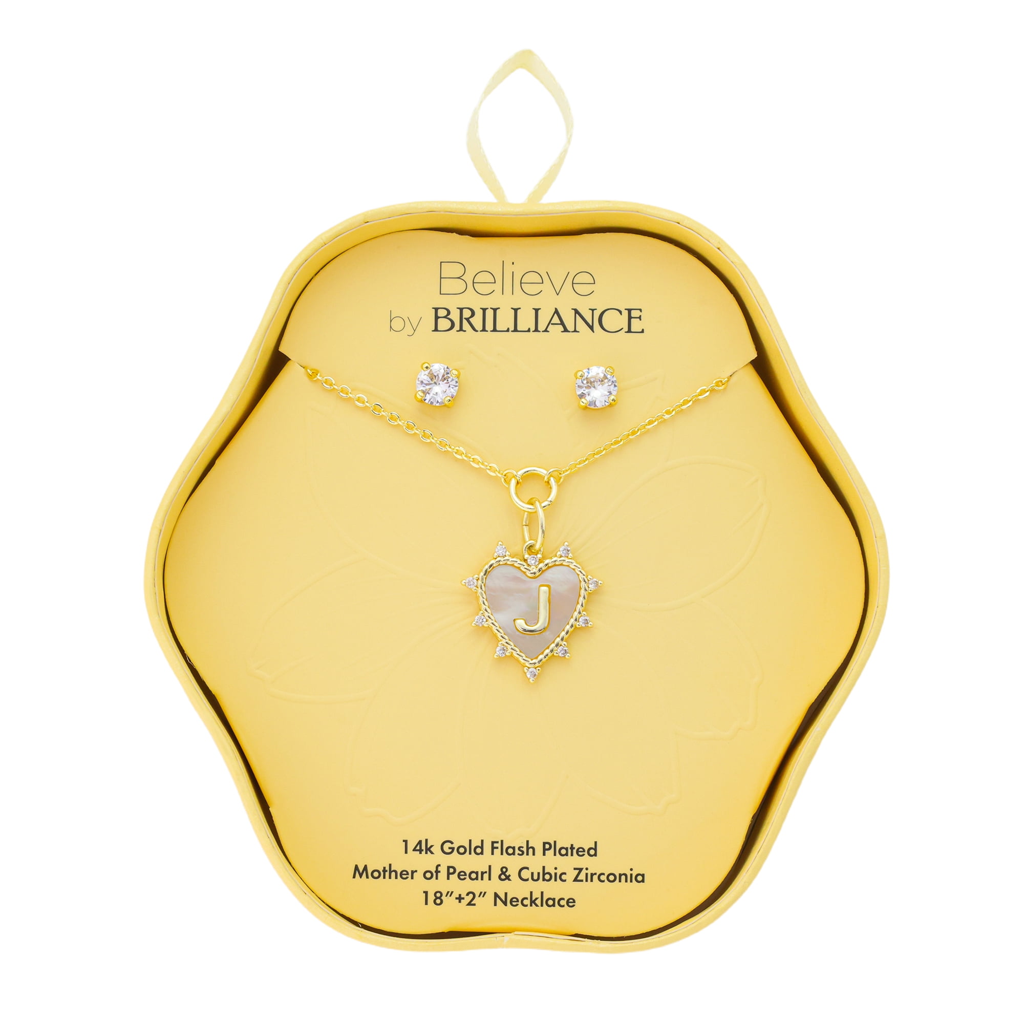 Believe by Brilliance Women's 14Kt Gold Flash Plated Mother of Pearl and Cubic Zirconia Heart "J" Necklace and Earring Set