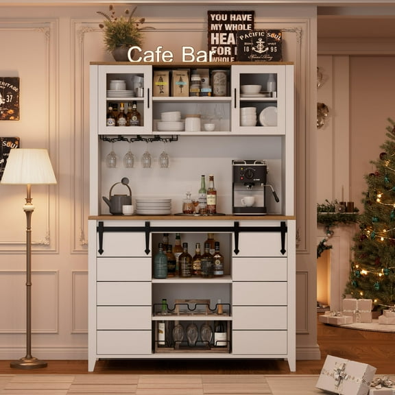 Litake 70'' Wine Coffee Bar Cabinet with Storage Hutch, Tall Kitchen Pantry Liquor Cabinet with Sliding Barn Doors, Bottle Glasses Rack, Farmhouse Buffet for Home Dining Room, White