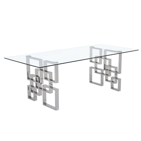 94" Glass Dining Table with Clear Tempered Glass Top and Silver Stainless Steel