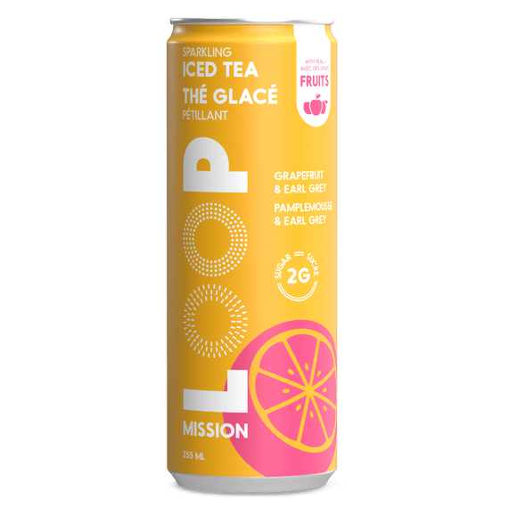 LOOP Mission Sparkling Iced Tea, Low Sugar, Grapefruit Earl Grey with Organic DAVIDsTEA, Upcycled Real Fruit Juice, 355 mL
