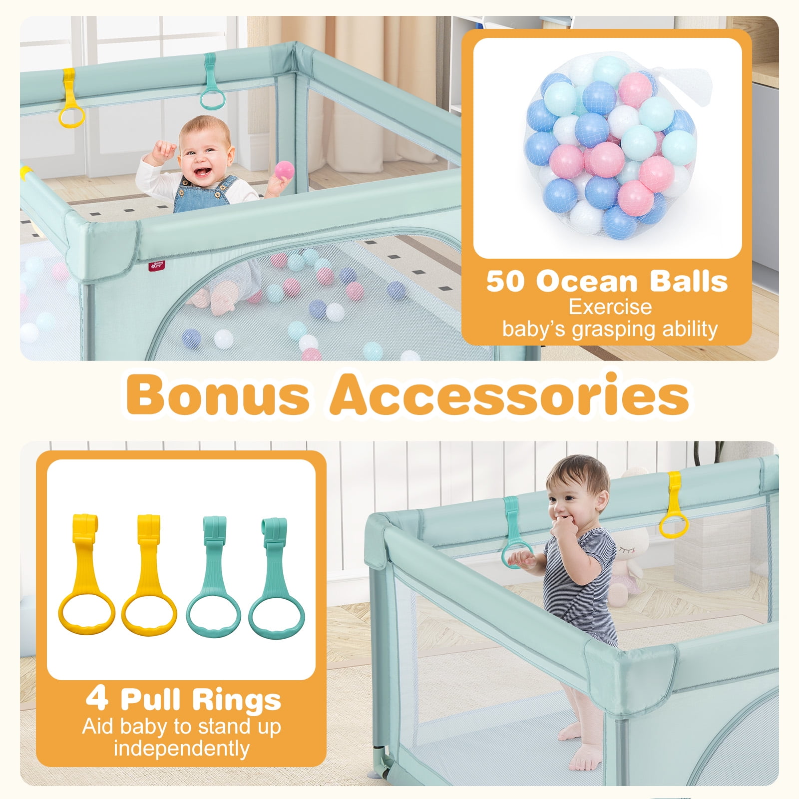 Gymax Baby Playpen for Toddlers Large Kids Activity Center w/ 50 PCS Ocean Balls & 4 Pull Rings