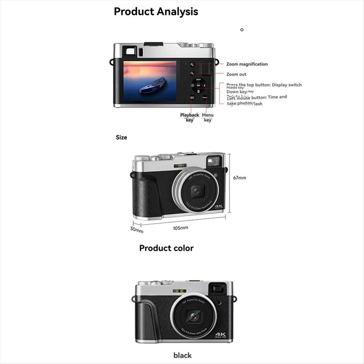 4K Digital Camera 48MP Vlogging Camera with Autofocus 16X Zoom Anti-Shake US PLUG