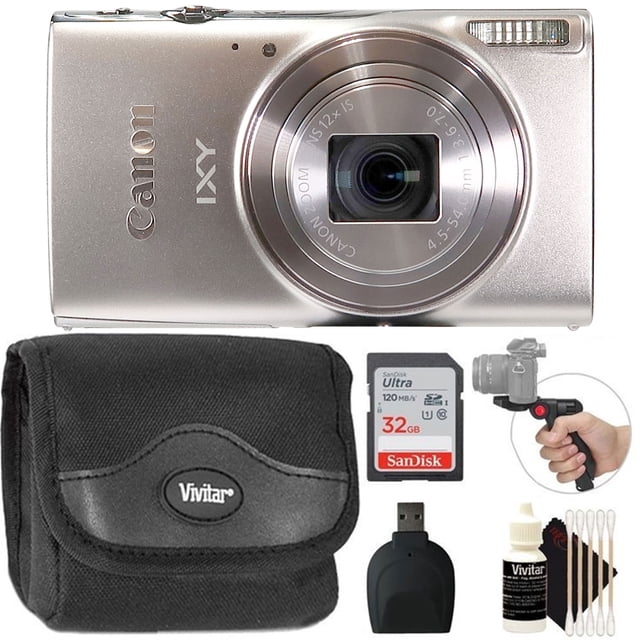 Canon Powershot IXY 650 / ELPH 360 20.2MP Point and Shoot Digital Camera Silver + Vivitar Small Camera Case + 32GB Transcend SDHC Memory Card + Card Reader + Vivitar Pistol Grip Tabletop Tripod for Canon Nikon Sony Pentax Panasonic Camera + Cleaning Kit