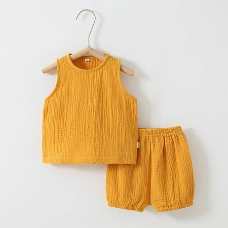 Wancir Kids Tales 2Pcs Baby Cotton Linen Outfits Set Toddler Boys Girls Sleeveless Tank Tops Shorts Clothes Solid Vest + Bloomers