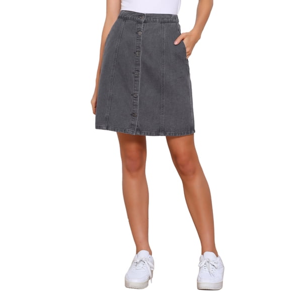 Faldas de mezclilla A-Line de mujer INSPIRE CHIC, cintura alta, con botones, falda de jean casual, gris negro M