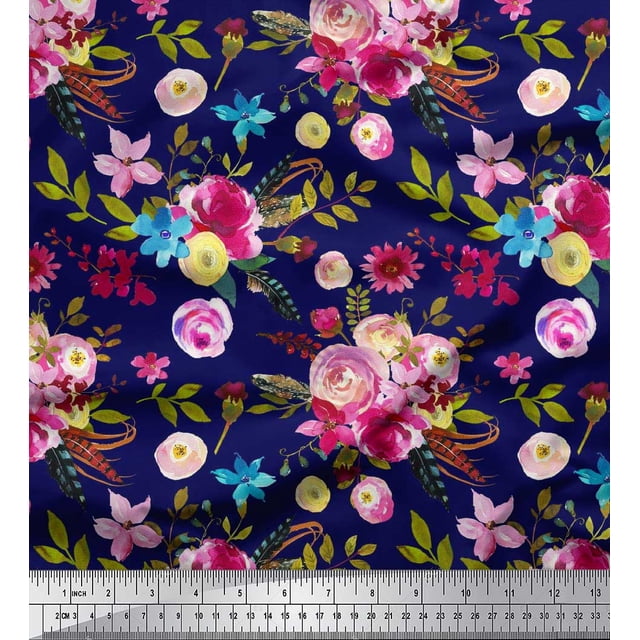 Soimoi Blue Georgette Viscose Fabric Feather,Leaves & Ranunculus Floral Printed Fabric 1 Yard 42 Inch Wide