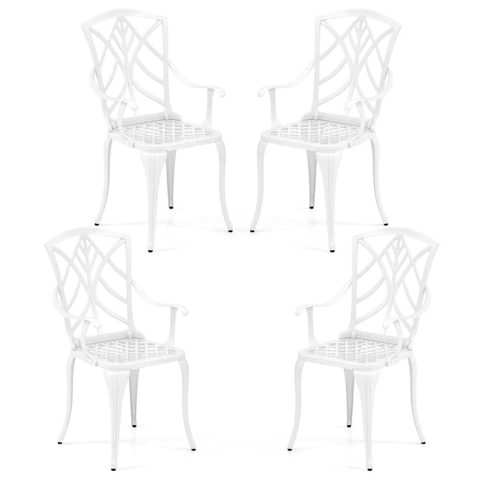 Gymax Outdoor Dining Chairs Set of 4 All Weather Cast Aluminum High Back Patio Chairs w/ Armrest for Backyard Garden Balcony White