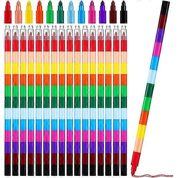 Stackable Crayons Set, 24 Pcs Rainbow Pens, 12 Colors Building Crayons DIY Party Favors