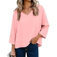 thumbnail image 2 of ShaoRunShi 3/4 Sleeve Tops for Women Loose Fit V Neck Tunic Shirts Summer Curve Hem Boxy T-Shirt, 2 of 8