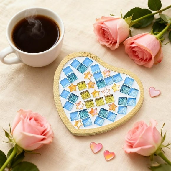 Juego de mosaicos para manualidades de San Valentín, posavasos de madera, mosaicos de colores variados, paquete de 6 unidades