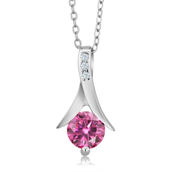 Gem Stone King 925 Sterling Silver Pendant with Chain 6mm Round Pink Moissanite (0.85 Cttw)