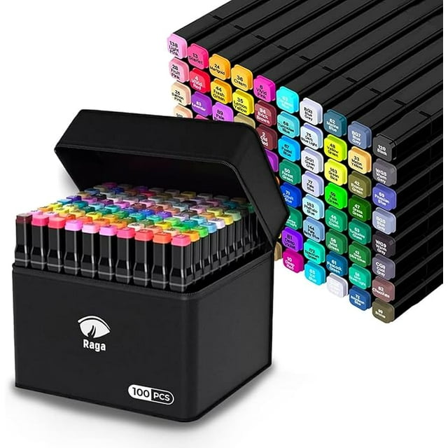 100 Plumones Doble Punta, Marcadores Punta Ancha y Delgada, No Tóxicos, De Dibujo Profesional y Para Niños, Exterior Color Negro (100 Colores Diferentes)