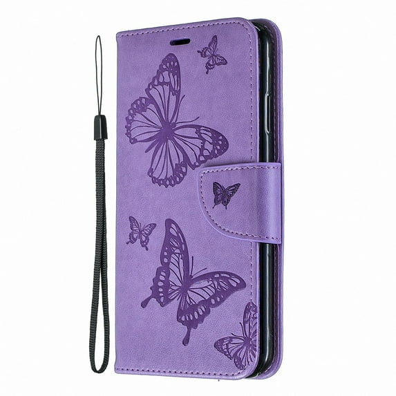 Allytech iPhone XS Max Case (6.5"), Slim Fit PU Leather Folio Butterfly Embossed Shockproof Wrist Hand Strap Flip Cards Holder Wallet Case TPU Back Cover for Apple iPhone XS Max, Violet