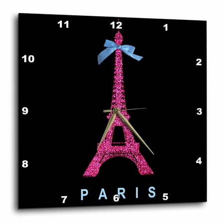 Wireless B/w Wall Clock Camera - 3dRose Hot Pink Paris Eiffel Tower from France with girly blue ribbon bow - Black Stylish Modern France, Wall Clock, 13 by 13-inch