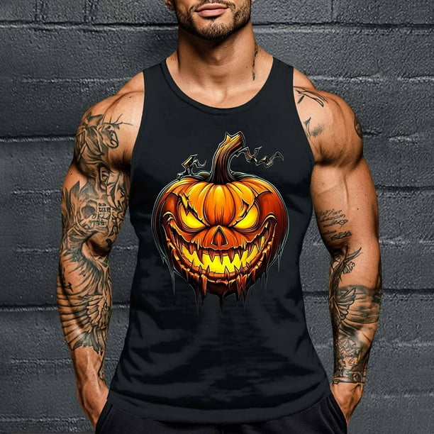 Camiseta sin mangas de cuello redondo para hombre, con estampado de Halloween, cuello redondo, estilo informal, deportiva, para hombre