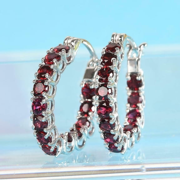 Garnet Inside Out Hoop Earrings in Platinum Over Sterling Silver Earrings