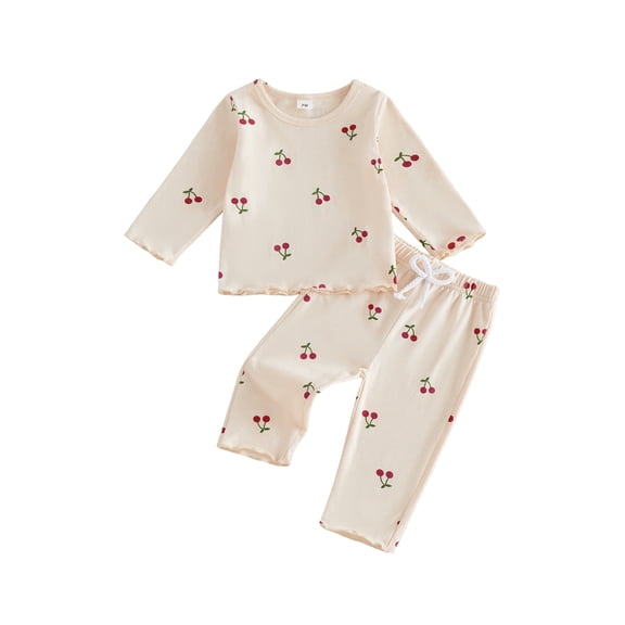 Loicainy Baby Toddler Girls Clothes Set 3 6 12 18 24 Months 2T 3T 4T 5T Cherry Print Long Sleeve T-shirt with Pants Fall Outfit