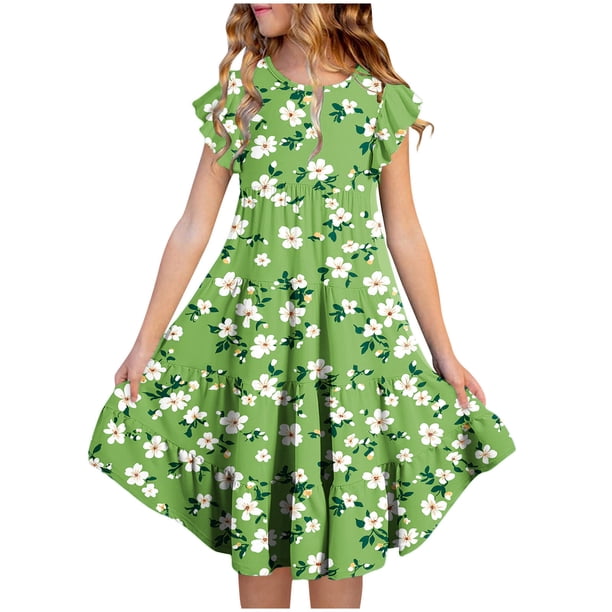 Vestido de verano para niña, de manga corta, con cuello redondo y estampado floral, de poliéster, con bolsillos y volantes.