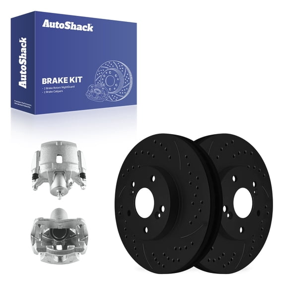 AutoShack Front Vented Drilled & Slotted E-Coated Brake Rotors Black Finish   Calipers 4-PC Brake Kit Replacement for 2003-2005 Honda Accord NightGuard 11.81" (300 mm)