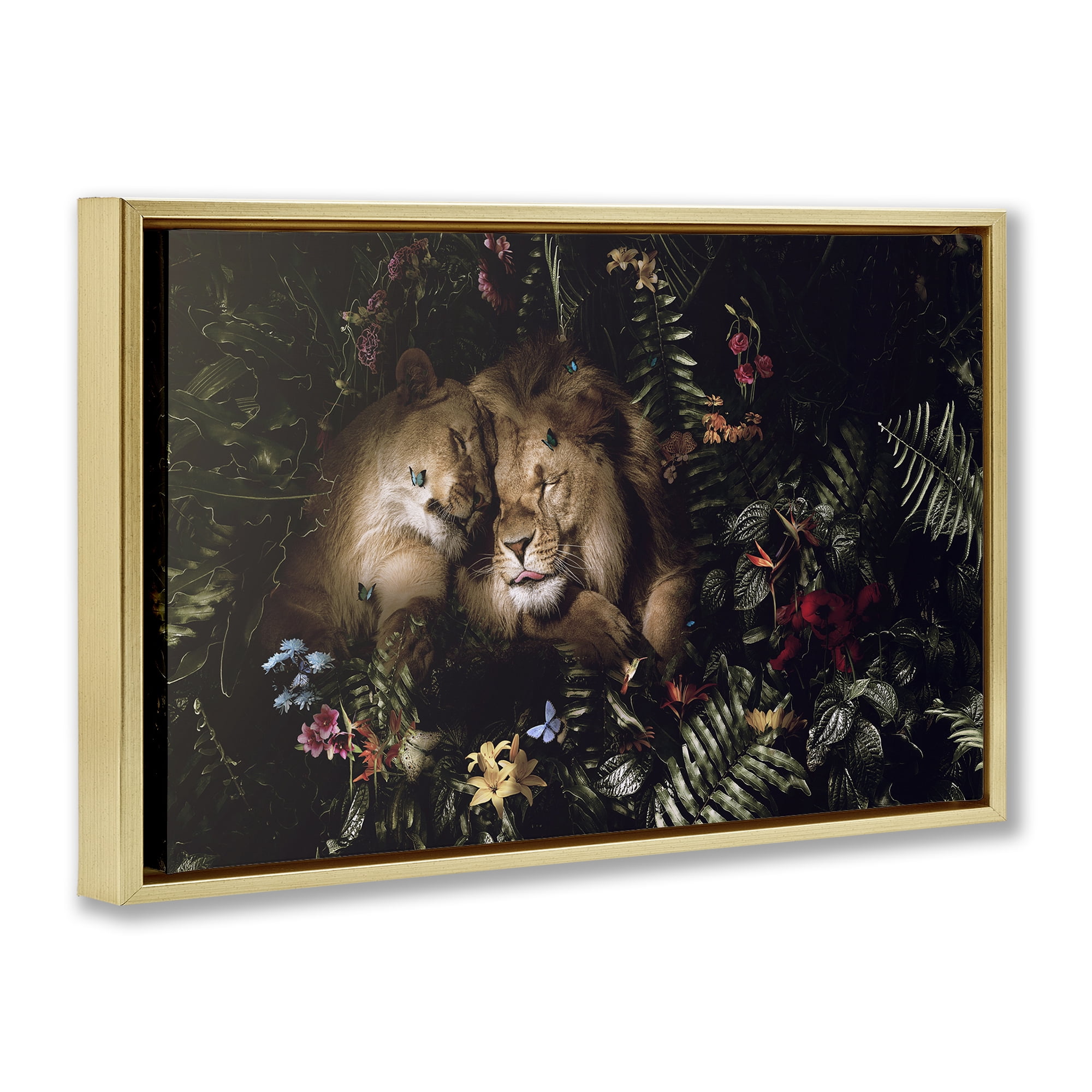 Stupell Industries Cuddling Lions Among Leaves Plants & Flowers Painting Gold Floater Framed Canvas Art Print Wall Art, 25 x 17