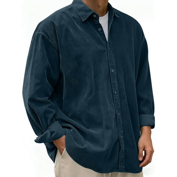 pstuiky camisa de manga larga para hombre, Camisa informal de pana de color liso con cuello abotonado y manga larga para hombre Tops casuales para hombres s