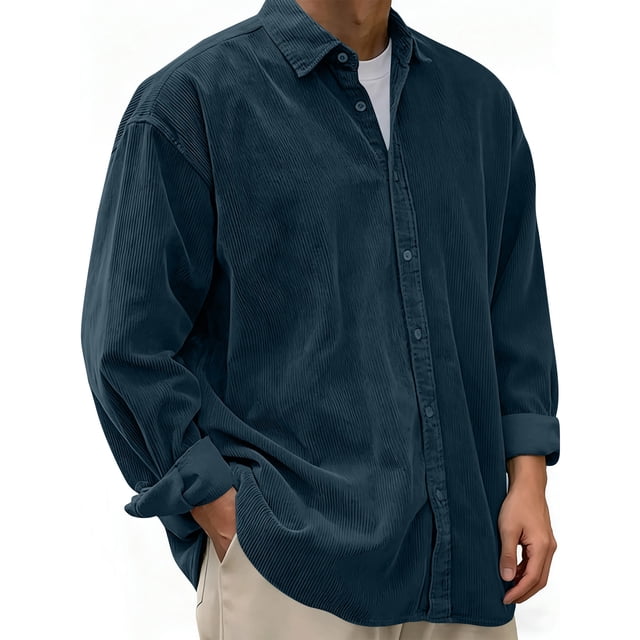pstuiky camisa de manga larga para hombre, Camisa informal de pana de color liso con cuello abotonado y manga larga para hombre Tops casuales para hombres s