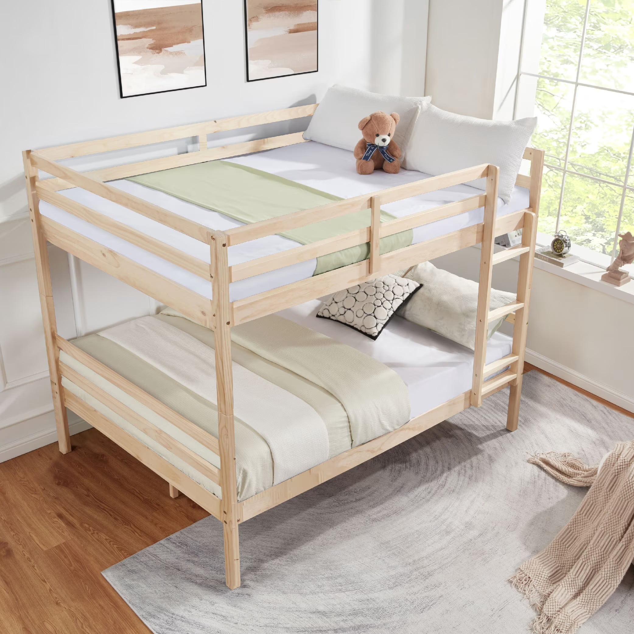 Full Over Full Bunk Bed, Solid Wood Bunk Bed Frame with High Guardrails and Ladder, Heavy Duty Wooden Slats, No Box Spring Needed for Kids, Teens, Guest Room, Natural