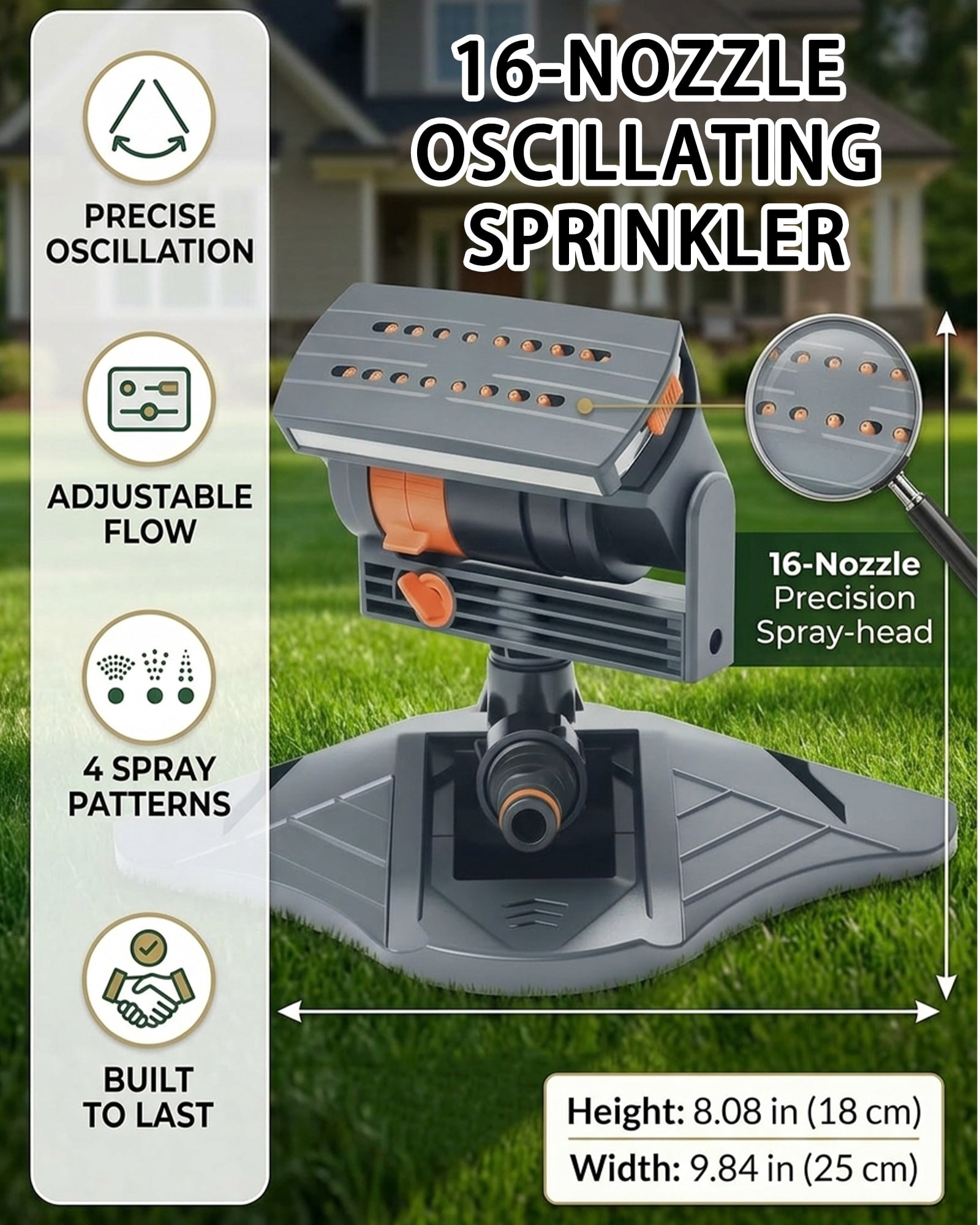 16-Nozzle Oscillating Sprinkler, Adjustable Water Sprinkler for Lawn Yard Garden Watering , Motion Activated Sprinklers with 4 Spray Modes & Dual Filtration, 16 Mini Turbine, Wide Area Coverage - #B