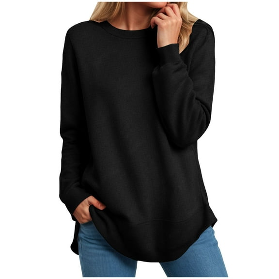 Womens Tops Casual Winter Relaxed Fit Crew Neck Long-sleeved Kimono One Shoulder Curve Hem Graphic Leisure Waffle Knit Tees Top(Black,XXL)