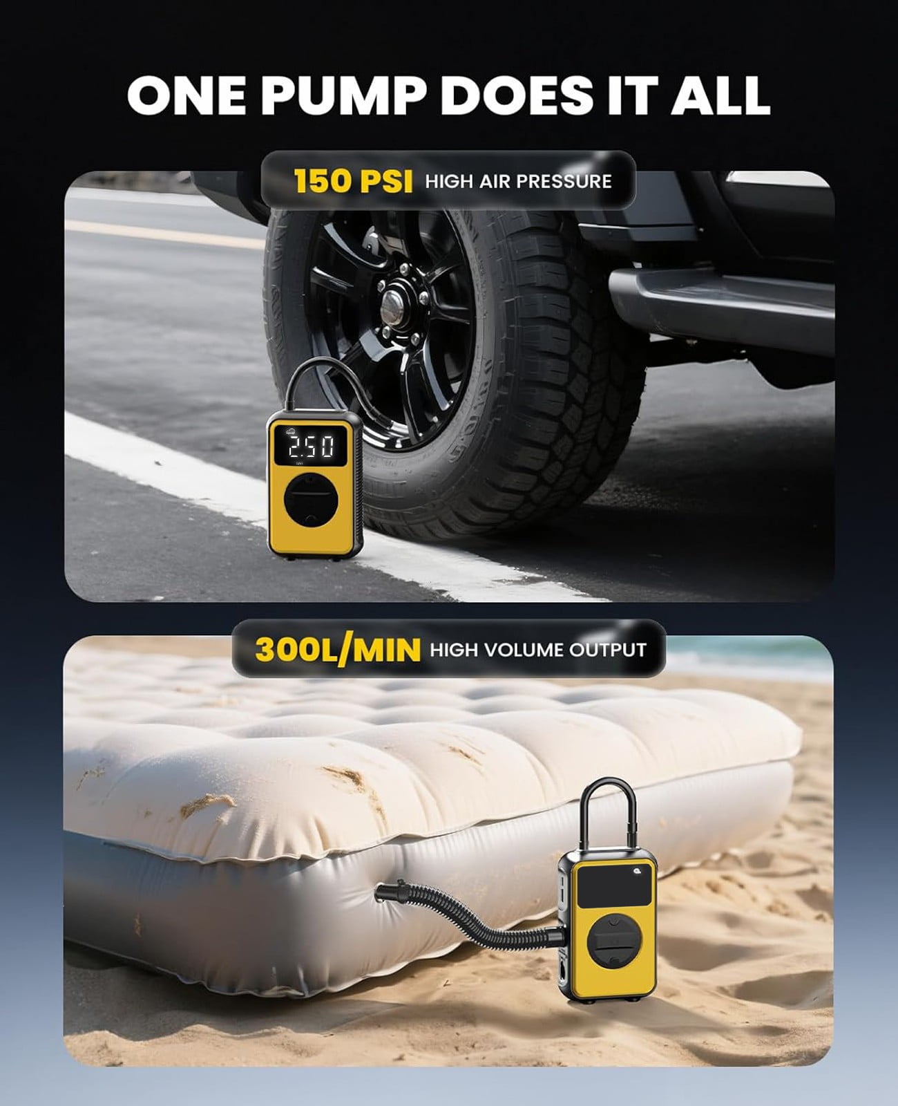 OSAIV 150PSI Tire Inflator & Air Compressor - Dual Mode (150PSI High Pressure / 4.0kPa Volume) for Car Tires, Bikes, Air Mattress, Inflatables - Fast Inflation Portable Pump