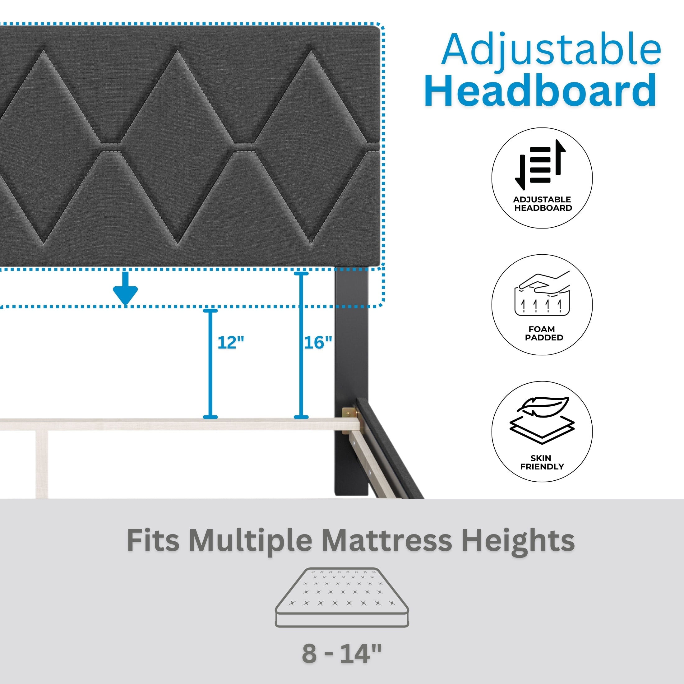 Boyd Sleep Diamond Black Linen Twin Size Fully Upholstered Platform Bed Frame with Adjustable Headboard, Qualified Box Spring or Foundation Required for Use