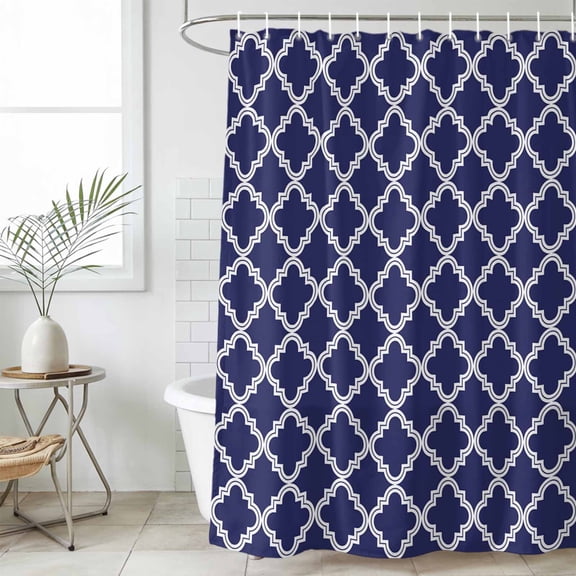 Quatrefoil Moroccan Pattern Waterproof Fabric Shower Curtain,Geometric Blue Morocco Waterproof Fabric Shower Curtain for Bathroom Curtains Bathtubs Hotel Shower Curtains with 12 Hooks Small 36x72in