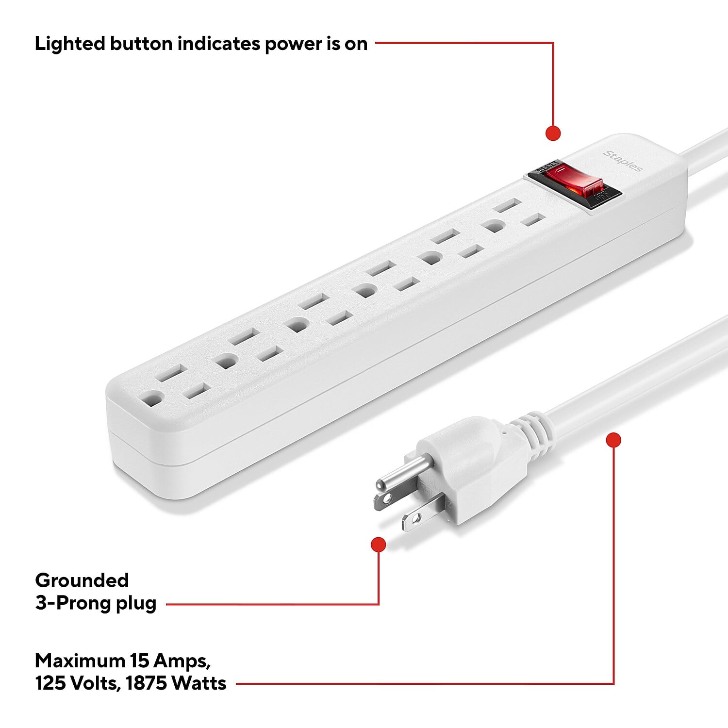 Staples 6-Outlet Power Strip 6' Cord White 3/Pack 42320