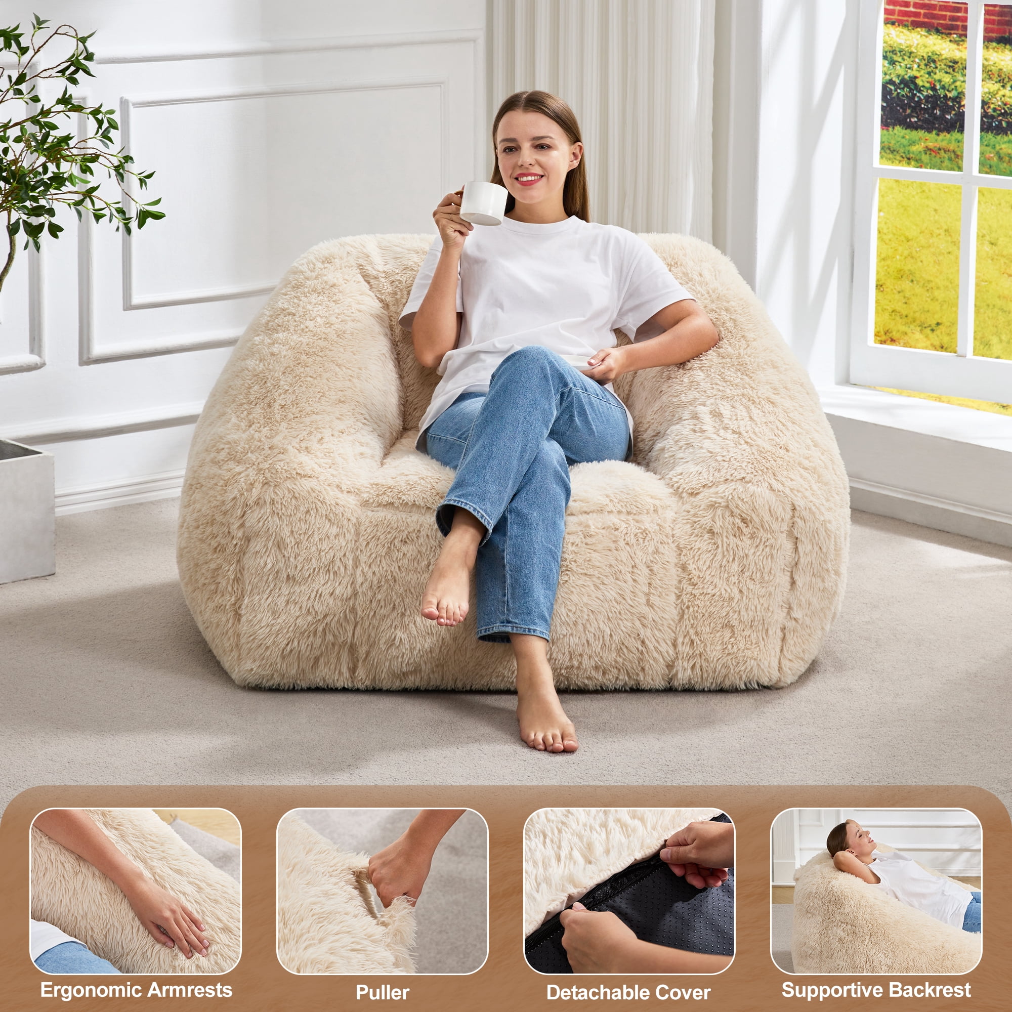 Hobestluk Oversized Bean Bag Chair for Adults with Filler, Large Cozy Reading Chair, Comfortable Lounge Chair for Living Room and Bedroom (White Plush)
