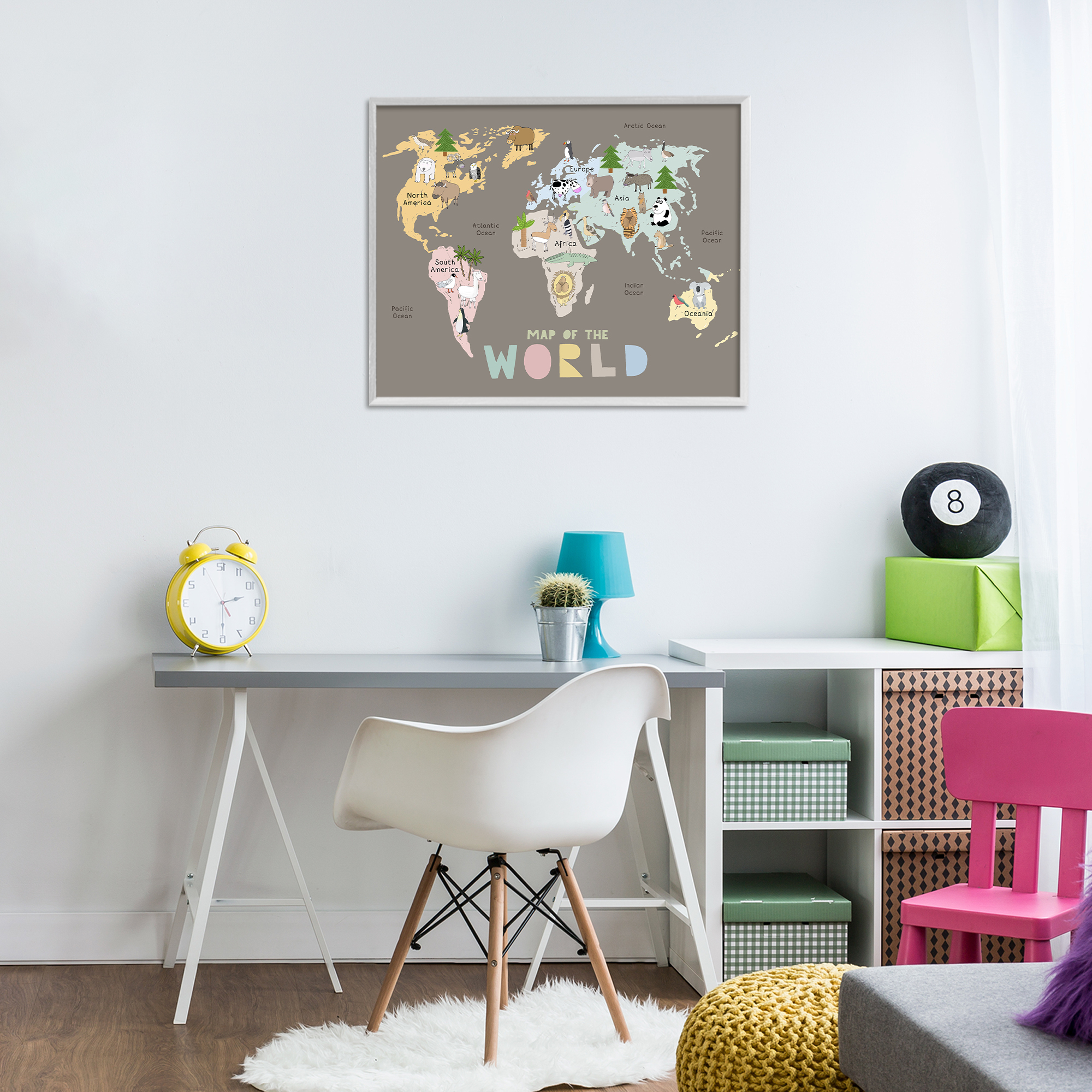 Kid's Map Of World Brown White Framed Giclee Art, design by Carla Daly