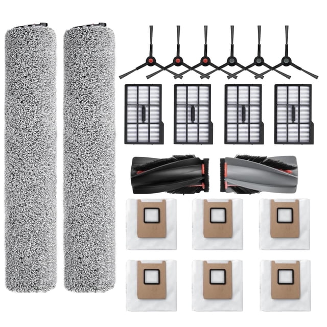 kit de piezas de repuesto para aspiradora eufy omni e25/e28 JoyBros con 2 cepillos enrollables para fregar gris, 2 cepillos principales con cerdas negras y detalle rojo, 6 cepillos laterales de tres brazos, 4 filtros plisados con marco negro y 6 bolsas de desecho blancas; disposición frontal sobre fondo blanco, compatible con robots Eufy Omni E25/E28. Su tamaño compacto lo hace adecuado también para tener piezas de repuesto listas para viajes cortos.