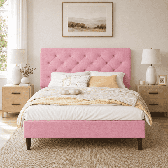 4 Ever Winner Adjustable Twin Bed Frame, Pink Upholstered with Tufted Headboard forbedroom