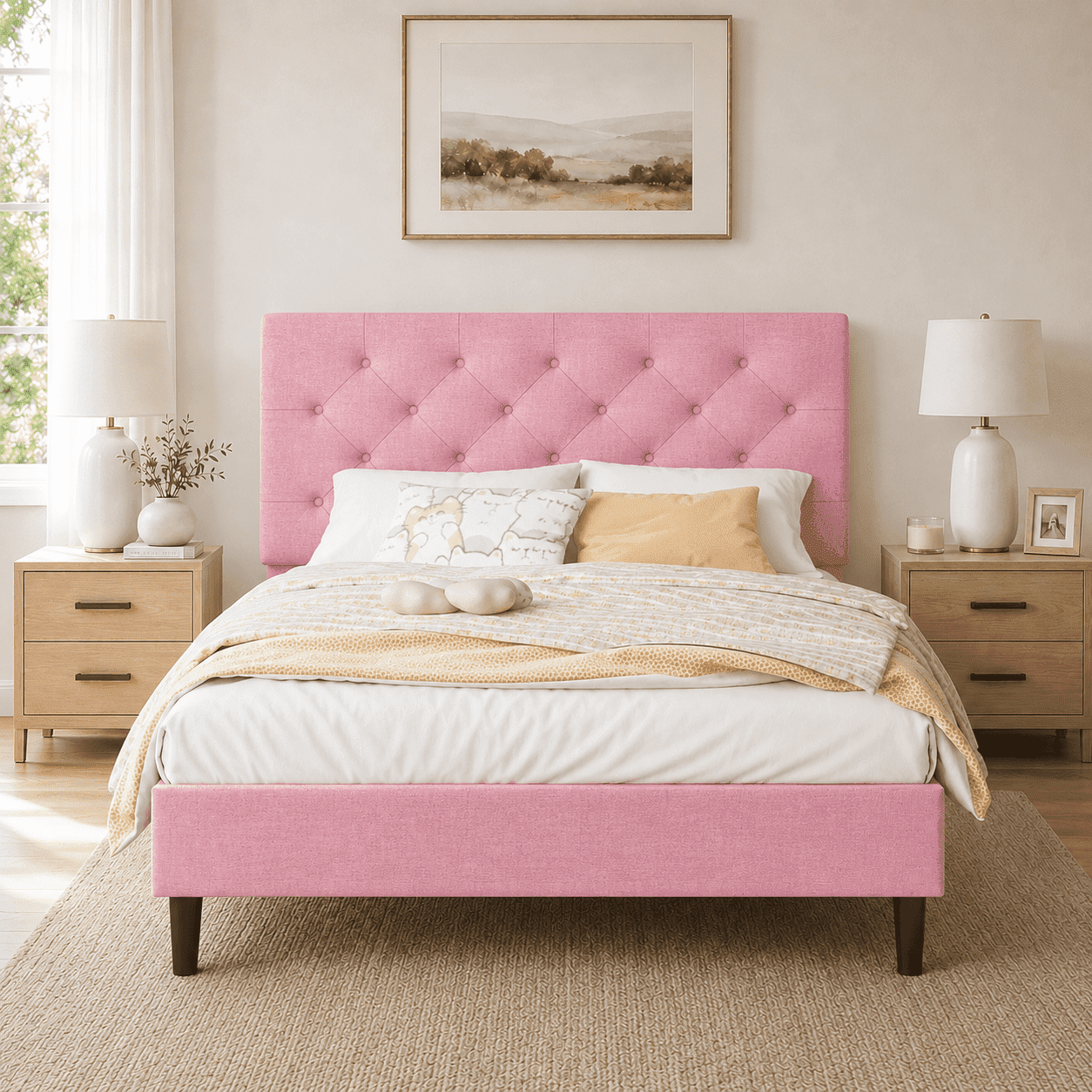 4 Ever Winner Adjustable Twin Bed Frame, Pink Upholstered with Tufted Headboard forbedroom